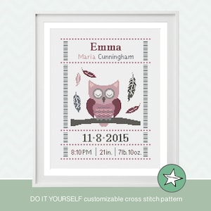 cross stitch baby birth sampler, birth announcement, owl & feathers, baby girl, DIY customizable pattern** instant download**