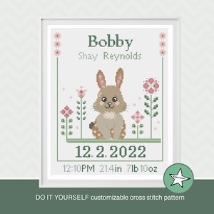 Cross stitch pattern  baby birth sampler bunny, birth announcement, bunny and flowers, baby girl, DIY customizable ** instant download**