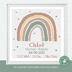 Cross stitch pattern baby birth sampler rainbow, birth announcement, neutrals, girl or boy, DIY customizable pattern** instant download**