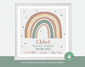 Cross stitch pattern baby birth sampler rainbow, birth announcement, neutrals, girl or boy, DIY customizable pattern** instant download**