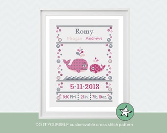 cross stitch baby birth sampler whales, birth announcement, baby girl, DIY customizable pattern** instant download**