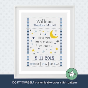 cross stitch baby birth sampler, birth announcement, I love you more than all the stars, yellow blue, DIY customizable pattern** download**