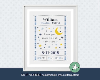 cross stitch baby birth sampler, birth announcement, I love you more than all the stars, yellow blue, DIY customizable pattern** download**