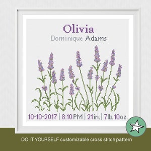 cross stitch baby birth sampler, birth announcement, lavender, square, purples, baby girl, DIY customizable pattern** instant download**