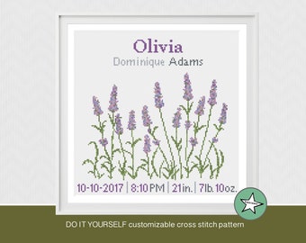 cross stitch baby birth sampler, birth announcement, lavender, square, purples, baby girl, DIY customizable pattern** instant download**