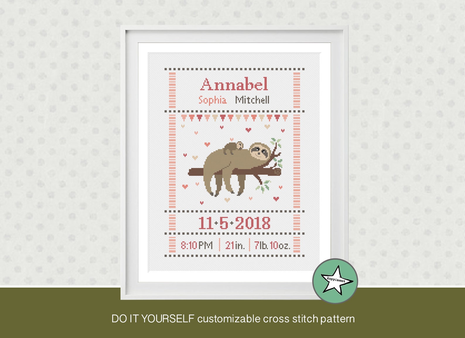 Cross Stitch Baby Birth Sampler Sloth Birth Announcement Etsy
