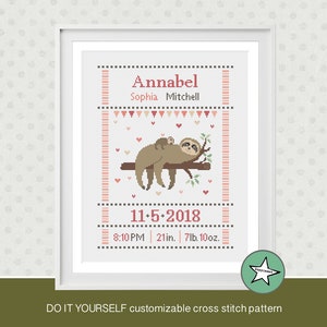 cross stitch baby birth sampler sloth, birth announcement, sloth & baby sloth, girl,  DIY customizable pattern** instant download**