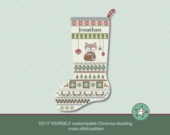 May include: A customizable cross stitch pattern for a Christmas stocking featuring a fox holding a fish, ornaments, and a festive Scandinavian-inspired design. The stocking is personalized with the name "Jonathan".