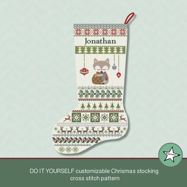 Christmas stocking cross stitch pattern fox, DIY customizable with name, Christmas decoration,  PDF, ** instant download**