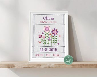 May include: A framed cross-stitch floral design in a white frame. The design features a collection of purple, pink, and green flowers. The text includes the name "Olivia", date, time, length, and weight. The frame is displayed on a wooden shelf.