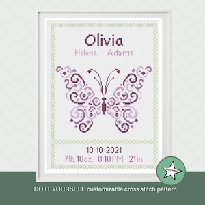Cross stitch pattern baby birth sampler, birth announcement, butterfly, purples, baby girl, DIY customizable pattern** instant download**