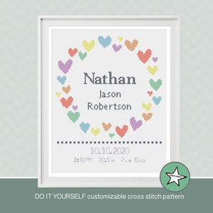 Kreuzstichvorlage Baby Geburtsmuster, Geburtsanzeige, Herz Regenbogenfarben pastell, DIY personalisierbar Muster **PDF**