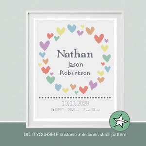 Cross stitch pattern baby birth sampler, birth announcement, hearts rainbow colors pastel, DIY customizable pattern **PDF**