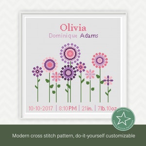 Cross stitch pattern baby birth sampler, birth announcement, flowers, pink and teal, DIY customizable pattern instant download image 1