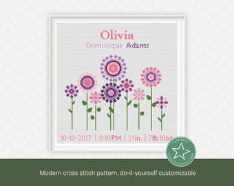 Cross stitch pattern baby birth sampler, birth announcement, flowers, pink and teal, DIY customizable pattern** instant download**