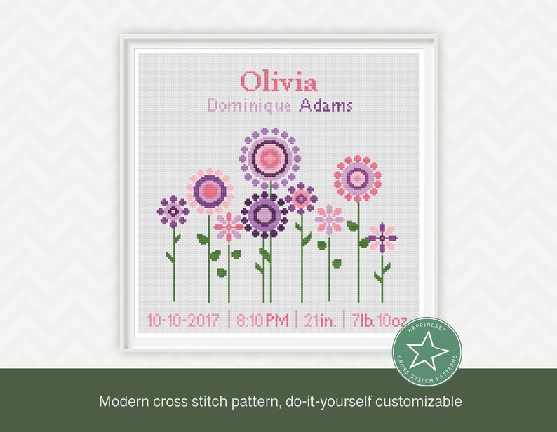 Cross stitch pattern baby birth sampler, birth announcement, flowers, pink and teal, DIY customizable pattern instant download image 1