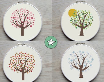 4 seasons cross stitch patterns,  tree, set of 4, seasons, fall, winter, spring, summer tree PDF pattern ** instant download**