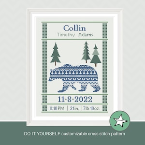 Cross stitch pattern baby birth sampler bear with pine trees, birth announcement, baby boy, DIY customizable pattern** instant download**