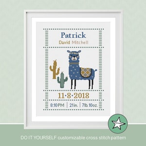 cross stitch baby birth sampler, birth announcement, Llama, baby, DIY customizable pattern** instant download**