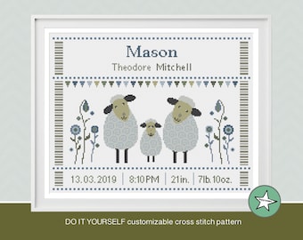 Cross stitch pattern baby birth sampler sheep, blue green on white, birth announcement, baby boy, DIY customizable pattern** PDF**