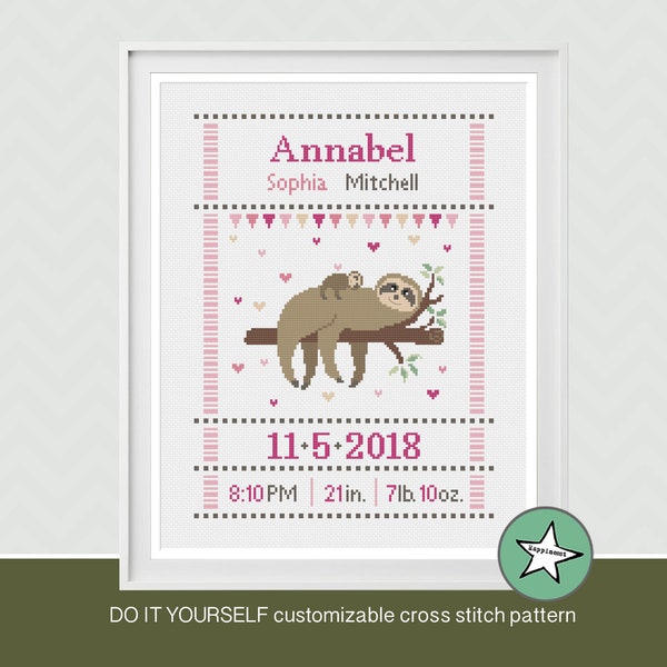 Cross Stitch Sloth Baby Announcement Etsy