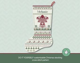 May include: A customizable Christmas stocking cross stitch pattern featuring a red angel with a white halo, a green Christmas tree, and reindeer. The stocking is white with a red and green patterned design. The name "Melanie" is stitched in red at the top of the stocking.