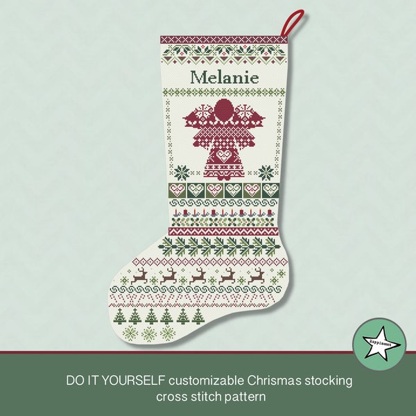 Calcetín navideño patrón punto de cruz ángel, DIY personalizable con nombre, decoración navideña, PDF, **descarga instantánea**
