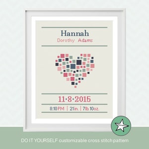 cross stitch baby birth sampler, birth announcement, heart, geometric heart, baby girl, DIY customizable pattern** instant download**