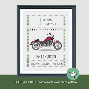 Cross stitch pattern baby birth sampler motorcycle, red,  birth announcement, baby boy girl, DIY customizable pattern** instant download**