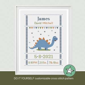 cross stitch pattern baby birth sampler dinosaur, stegosaurus birth announcement, t-rex,  DIY customizable pattern** instant download**