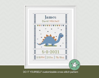 cross stitch pattern baby birth sampler dinosaur, stegosaurus birth announcement, t-rex,  DIY customizable pattern** instant download**