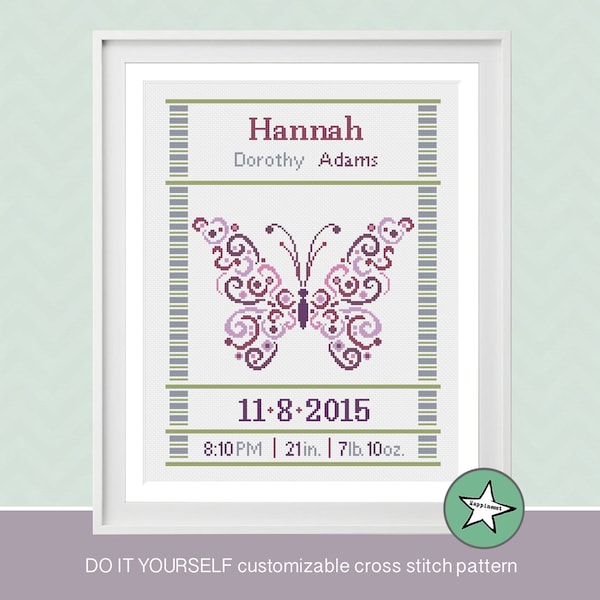 cross stitch baby birth sampler, birth announcement, butterfly, purple, baby girl, DIY customizable pattern** instant download**