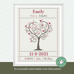 amostra de ponto cruz para nascimento de bebê, árvore do amor, anúncio de nascimento, menina, padrão personalizável faça você mesmo** download instantâneo**