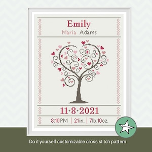 cross stitch baby birth sampler love tree, birth announcement, baby girl, DIY customizable pattern** instant download**