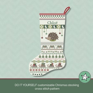 Christmas stocking cross stitch pattern hedgehog, DIY customizable with name, Christmas decoration, PDF, instant download image 1