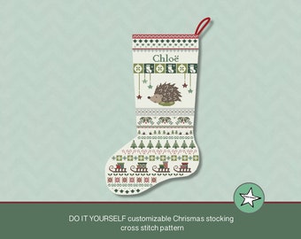 Christmas stocking cross stitch pattern hedgehog, DIY customizable with name, Christmas decoration,  PDF, ** instant download**