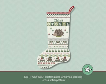 May include: A white cross stitch pattern for a Christmas stocking featuring a hedgehog, a sleigh, and the name "Chloë".