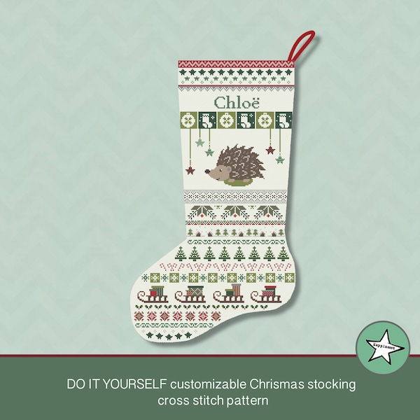 Christmas stocking cross stitch pattern hedgehog, DIY customizable with name, Christmas decoration,  PDF, ** instant download**