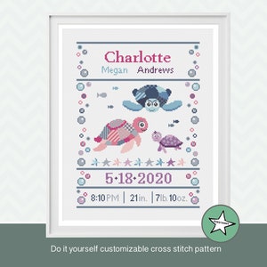 Cross stitch pattern baby birth sampler sea turtles family, birth announcement, DIY customizable pattern** instant download**