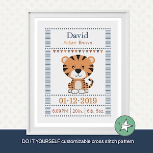 Cross stitch pattern baby birth sampler tiger, birth announcement, baby boy or girl, DIY customizable pattern** instant download**