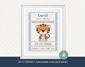 Cross stitch pattern baby birth sampler tiger, birth announcement, baby boy or girl, DIY customizable pattern** instant download**