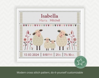 Cross stitch pattern baby birth sampler sheep family of 4, pink, birth announcement, DIY customizable pattern** instant download**