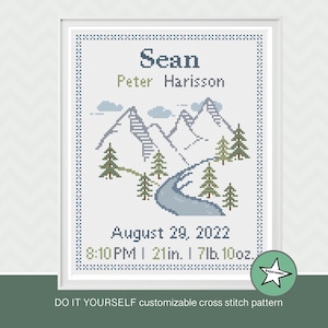 Cross stitch pattern baby birth sampler  mountains, DIY customizable pattern** instant download**
