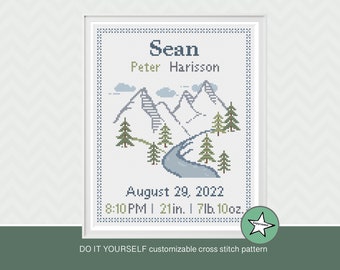 Cross stitch pattern baby birth sampler  mountains, DIY customizable pattern** instant download**