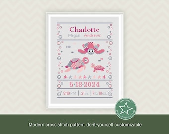 Cross stitch pattern baby birth sampler sea turtles family, pink, birth announcement, DIY customizable pattern** instant download**