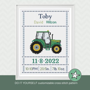 May include: A green and yellow tractor cross stitch pattern with the text "Toby David Wilson 11-8-2022 10:10PM | 20.5in. 7lb. 10oz. DO IT YOURSELF customizable cross stitch pattern"