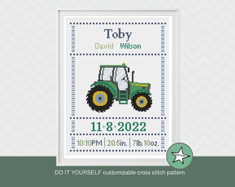 Cross stitch pattern baby birth sampler tractor, birth announcement, farm, baby boy or girl, DIY customizable pattern** instant download**