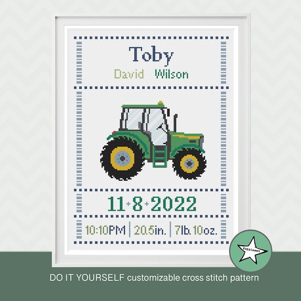 Cross stitch pattern baby birth sampler tractor, birth announcement, farm, baby boy or girl, DIY customizable pattern** instant download**