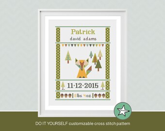 cross stitch baby birth sampler, birth announcement, woodland Fox, DIY customizable pattern** instant download**