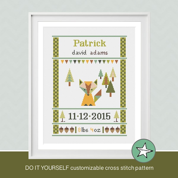 cross stitch baby birth sampler, birth announcement, woodland Fox, DIY customizable pattern** instant download**
